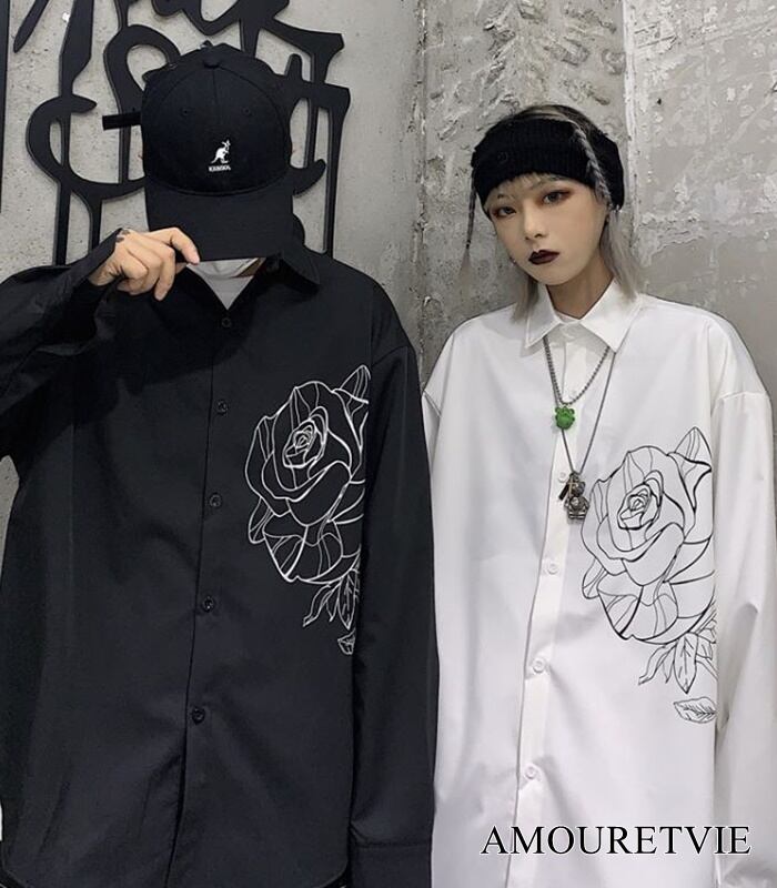 シャツ レディース メンズ ユニセックス 白 ホワイト 黒 ブラック 長袖 ワンポイント スタイリッシュ オルチャン 韓国ファッション 1123 Amouretvie 韓国系 モード系 個性的ファッションの通販サイト