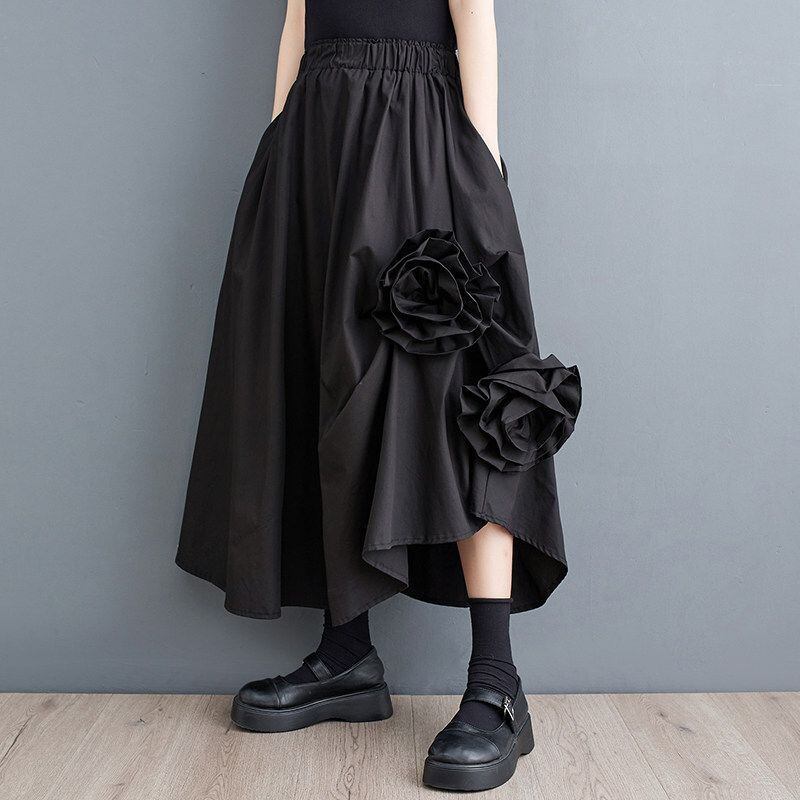 FLORAL DECOR ELASTIC WAIST MIDI SKIRT M-18533