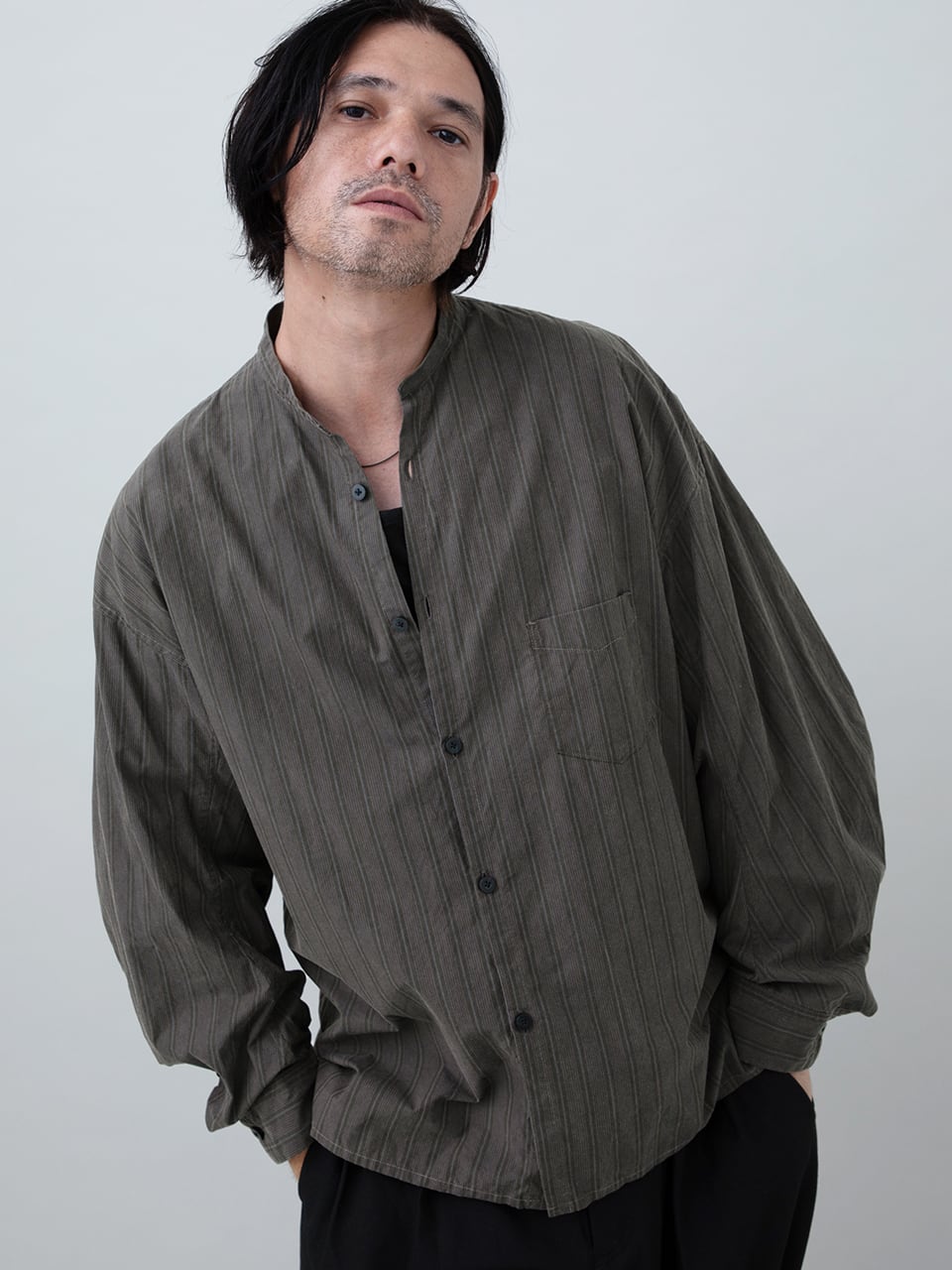 EGO TRIPPING（エゴトリッピング） シャツ　グレー EGO TRIPPING (エゴトリッピング) SUMISHIRT 墨染スタンドカラーシャツ