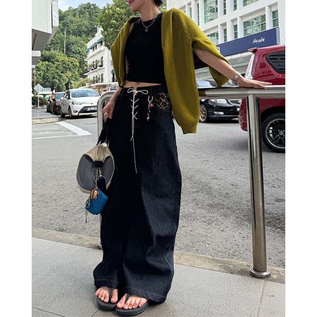lace-up leopard patchwork denim　編み上げレオパードパッチワークデニム　J0763