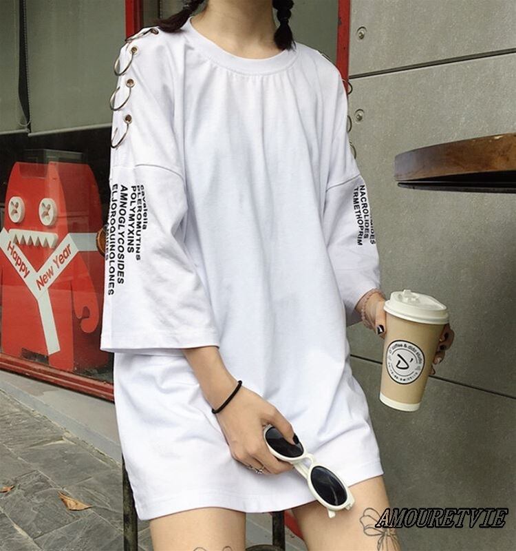 Tシャツ カットソー チュニック スタイリッシュ ストリート ピープス スリット 白 黒 七分丈 オルチャン 韓国ファッション 578 Amouretvie 韓国系 モード系 個性的ファッションの通販サイト