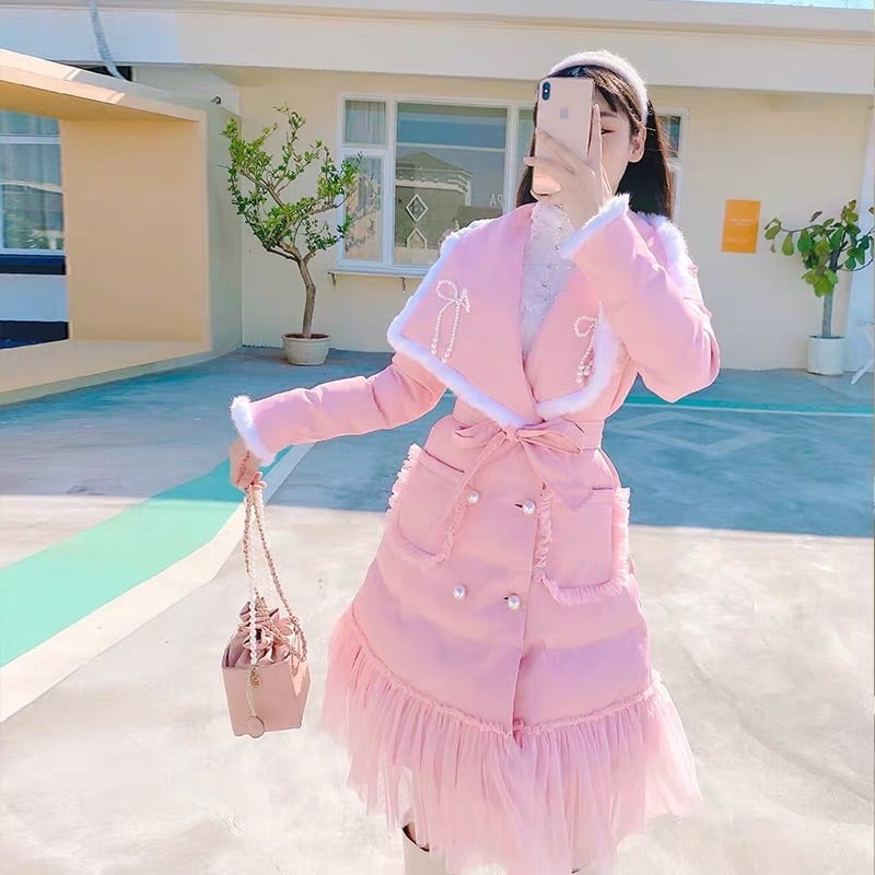 ピンク ダウン コート 襟 ガーリー ロング アウター ジャケット ファー