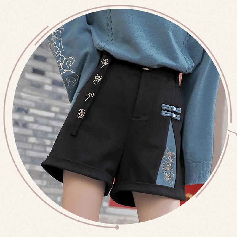 森女部落シリーズ チャイナ風ショートパンツ チャイナ服 中華服 可愛い ブラック 黒 合わせやすい Elegant