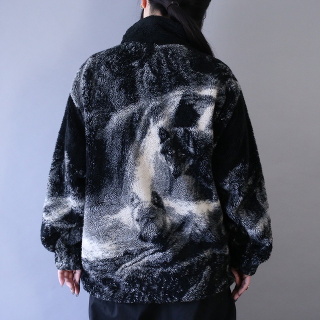 "BLACK MOUNTAIN" 狼 pattern boa fleece zip-up jacket