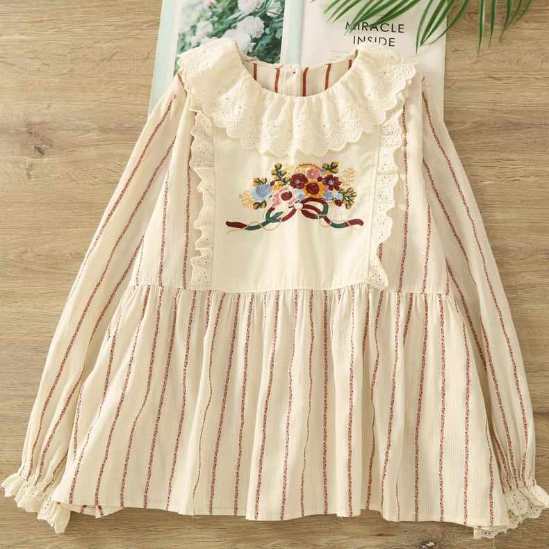 お花刺繍フロント切替ストライプブラウス fu0929