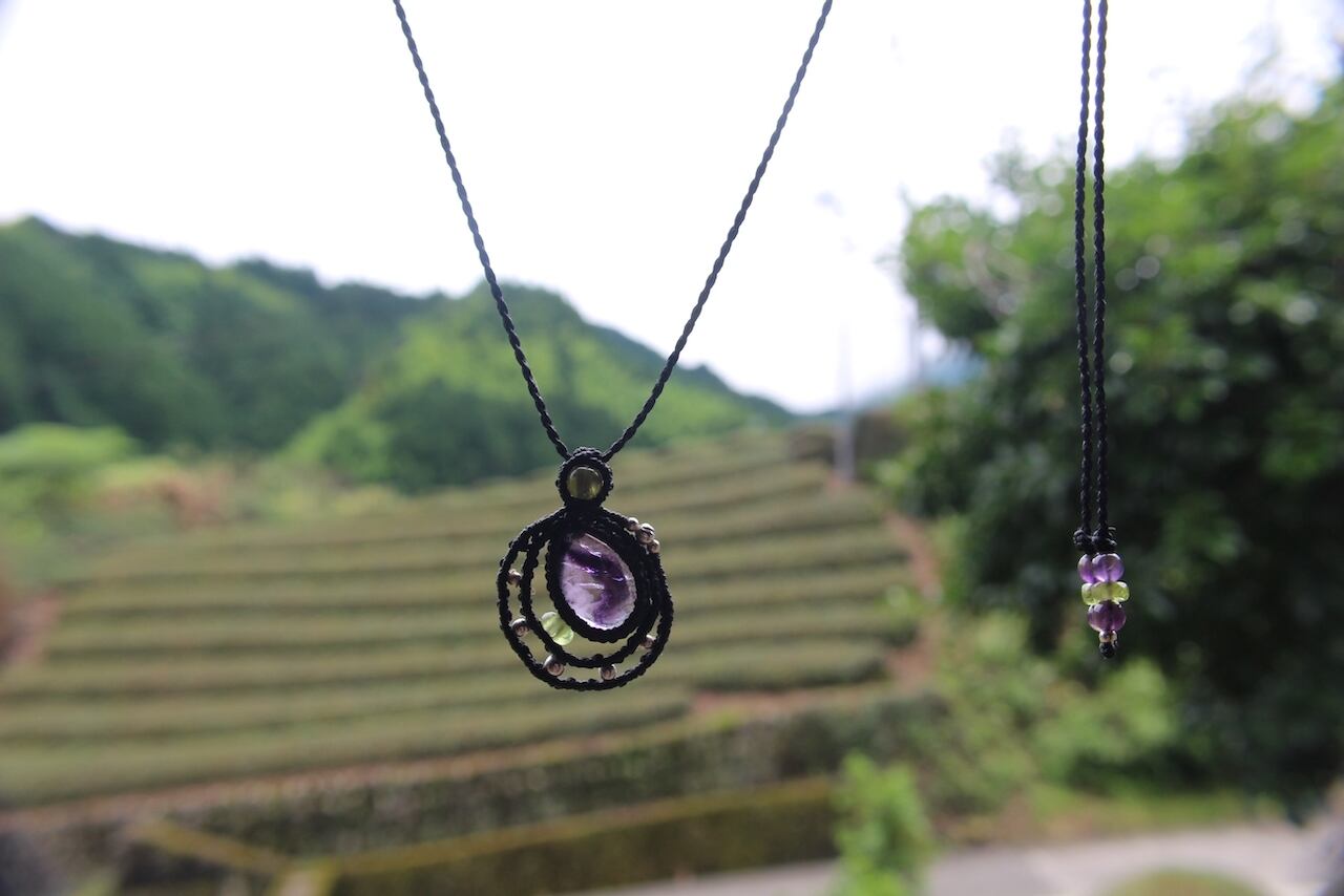 Trapiche amethyst micromacrame moon pendant