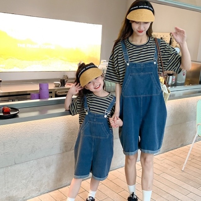 【KID&MOM】デニムファッションサロペット＆ボーダーＴシャツ