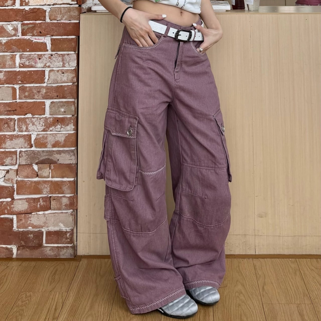 コントラストステッチワイドシルエットカーゴパンツ 2col R02455
