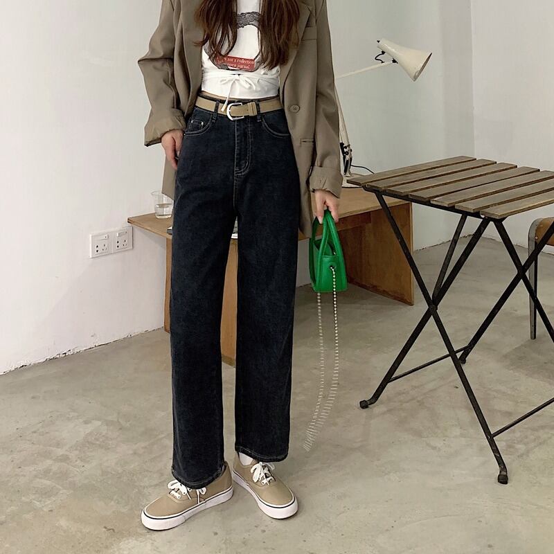 ハイウェストスリムジーンズ スプリングオータムルーズパンツ ブラック 春物 秋物 モンロー4836678306