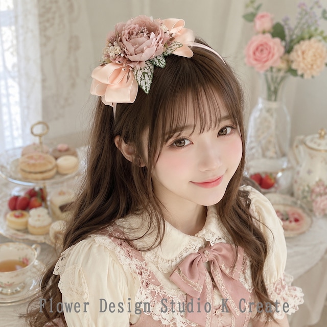 ナチュラルアンティークな薔薇とリボンのカチューシャ 結婚式 入学式 発表会 薔薇 お茶会 ピンク リボン ロリータ