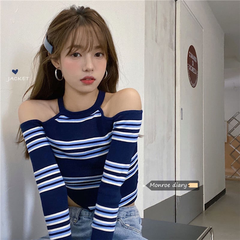ストライプストラップレスセーター オータム薄手ショートトップス ロング 大人ガーリー スウィート キュート カジュアル 秋物 モンロー29403029348