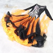 社交ダンス 衣装 ドレス ワンピース スタンダード ブラック系 オレンジ系 黒 デモ 競技 ダンス パーティ 発表会 フリル レース フロート 鮮やか レディース コスチューム 上品