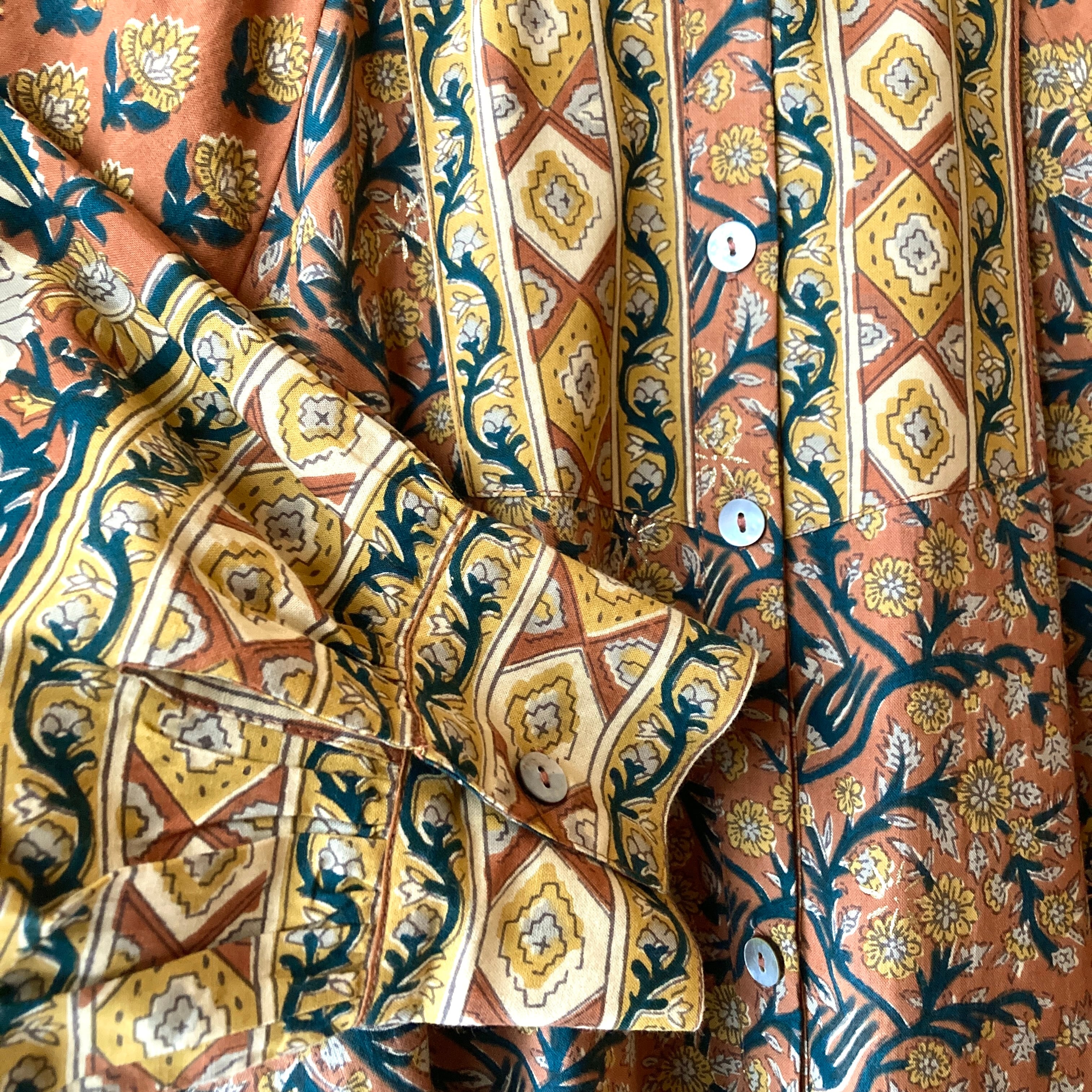 インド ブロックプリント柄 ロングシャツワンピース ブラウン | からす舎