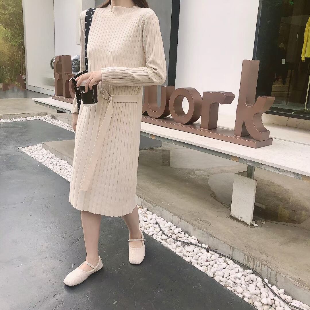 ベルトアクセント　リブプリーツ ニットワンピース　AJ1050-D009