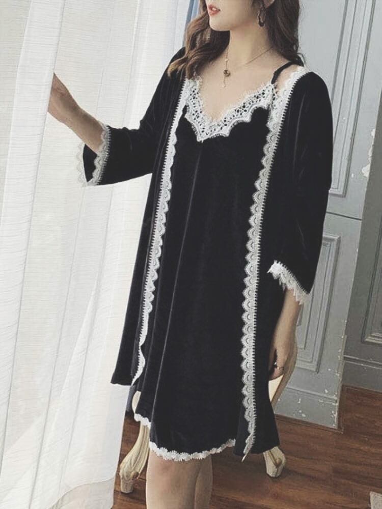 ワンピースルームウェア ロングカーディガン セットアップ レース パジャマ ネグリジェ 部屋着 人気 大きいサイズ 韓国 Ch4254 可愛い大きいサイズ韓国レディースファッション通販 Chulachula チュラチュラ