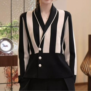 Ｖネック コントラスト ストライプ カーディガンセーター 　G0906