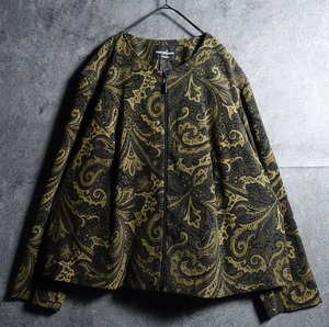 Green Paisley Pattern Zip Collarless Jacket