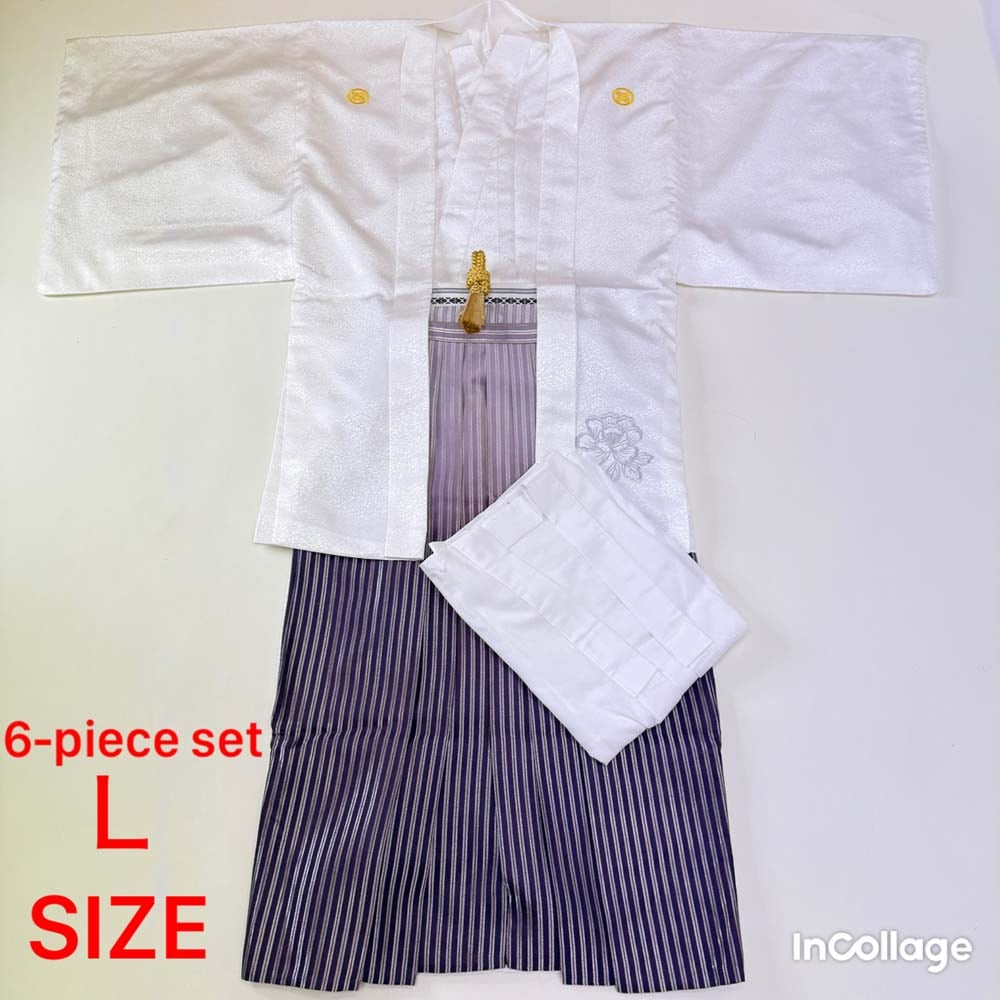 紋付袴 6点セット 着物 羽織 袴 長襦袢 羽織紐 角帯 裄73.6cm 袴丈87cm L 白 紫 五つ紋 中古 4505
