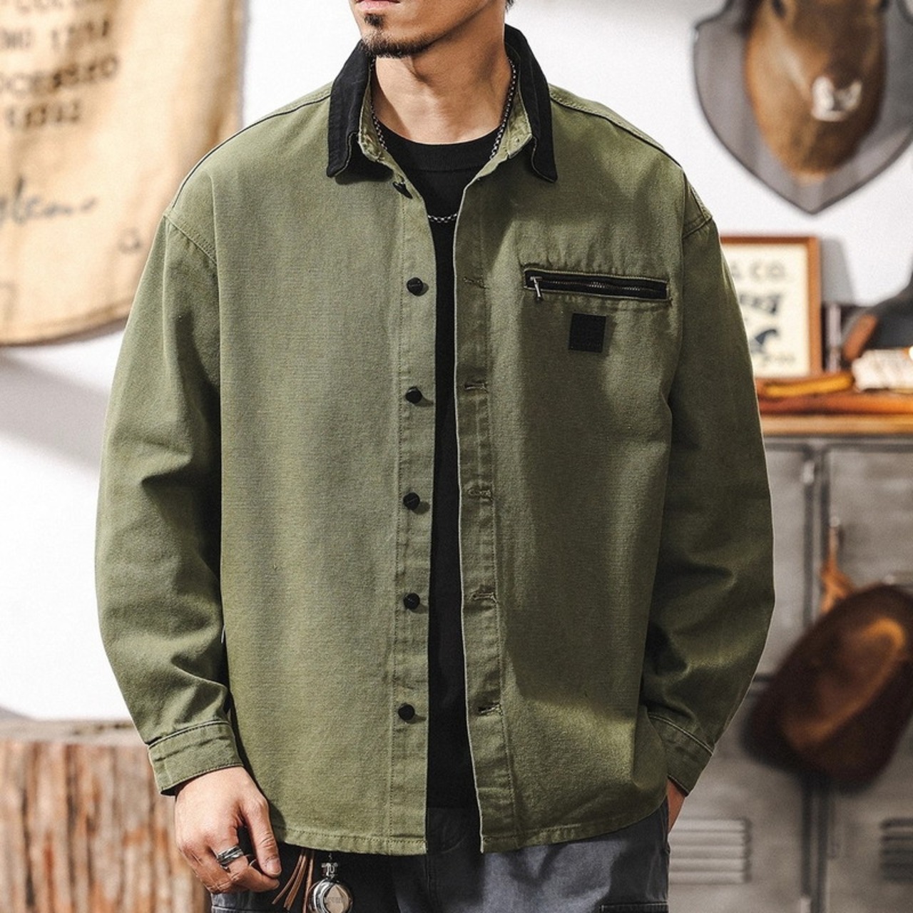 Button Front Long Sleeve Work Shirt ◇5color H0802