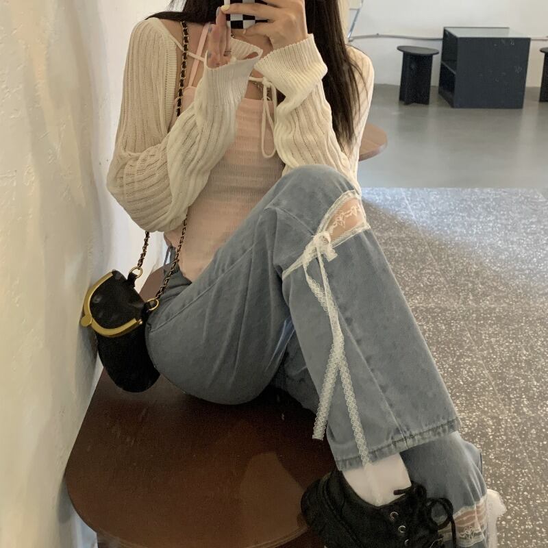 ハイウェストウェストジーンズ スプリングオータムレースパンツ 春物 秋物 ステッチ 萌量不足13807427727