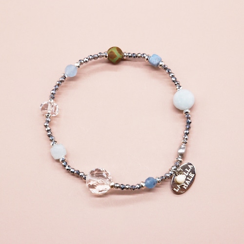 【Deep Sea Party】亀甲天珠×アクアマリン×水晶 ブレスレット