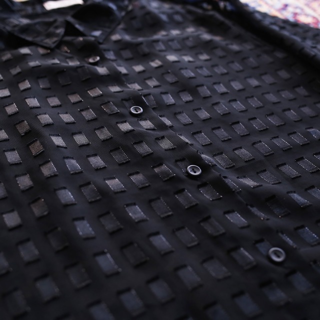 black square pattern l/s mode see-through shirt