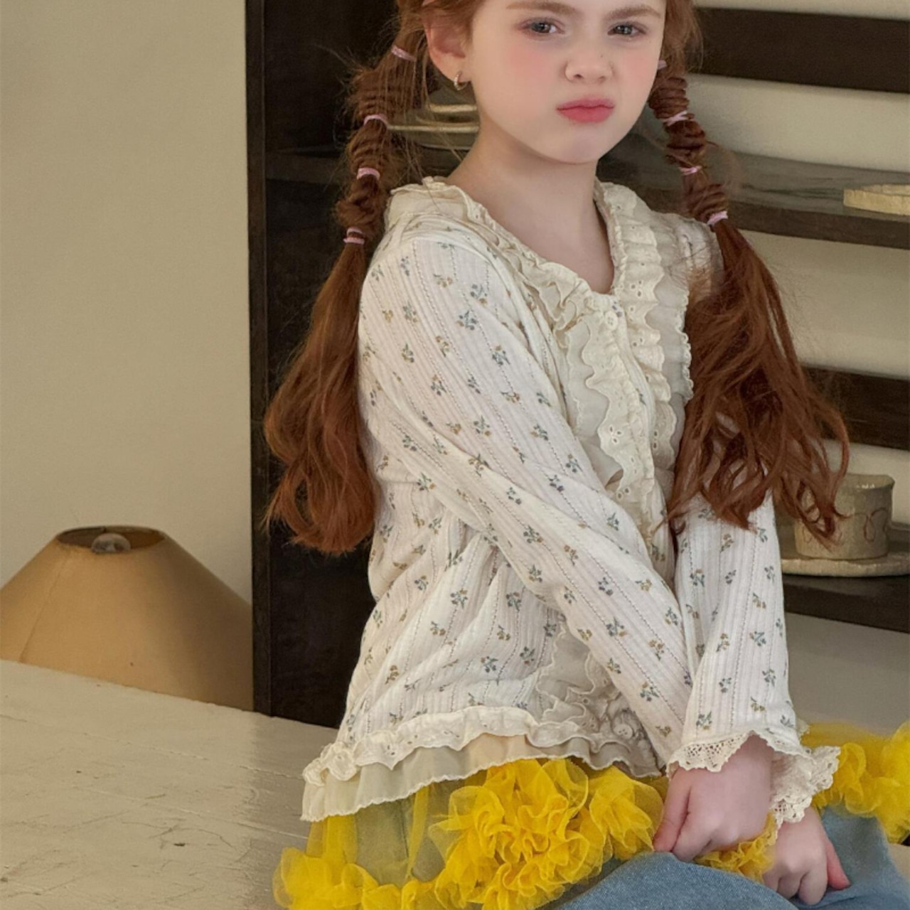 春花柄フリルデザインカーディガン