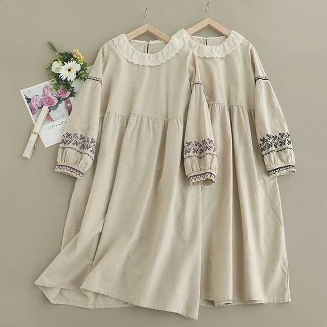 レースカラーパフスリーブ刺繍リネンワンピース W0509