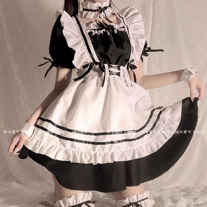 メイド服 6点セット ワンピース ヘッドドレス チョーカー エプロン 手首カバー コンカフェ コスプレ イベント衣装