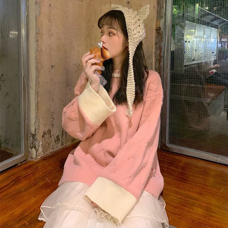 ステッチコントラストルーズプルオーバーセーターレディース2020年秋新しいアウターウェアラウンドネックツイストニットセータートップ 萌量不足95252574055