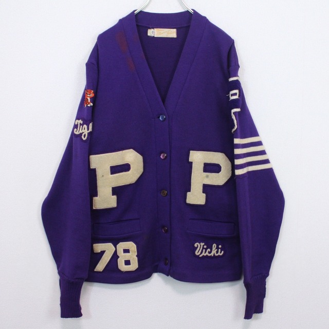 【Caka act2】60's Patch Design Vintage Lettered Knit Cardigan