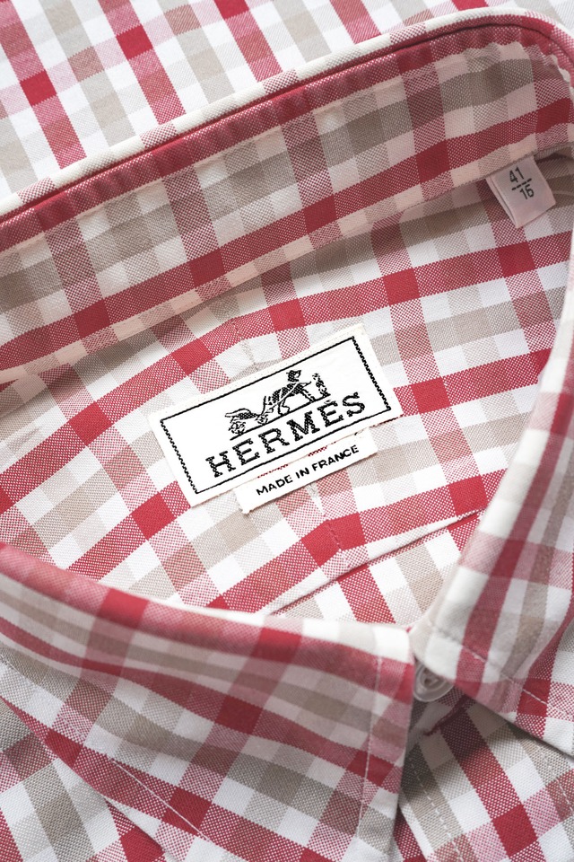00's "HERMÈS" Gingham-Check Pattern Cotton Button-Down Collar Shirt Made in FRANCE (Design by Véronique Nichanian)