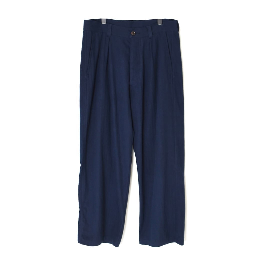 ARMEN|COTTON LINEN HERRINGBONE ONE TUCK PANTS-NAVY