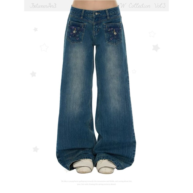 [BETWEENAND] Slimming Star Patch Pocket Straight Jeans