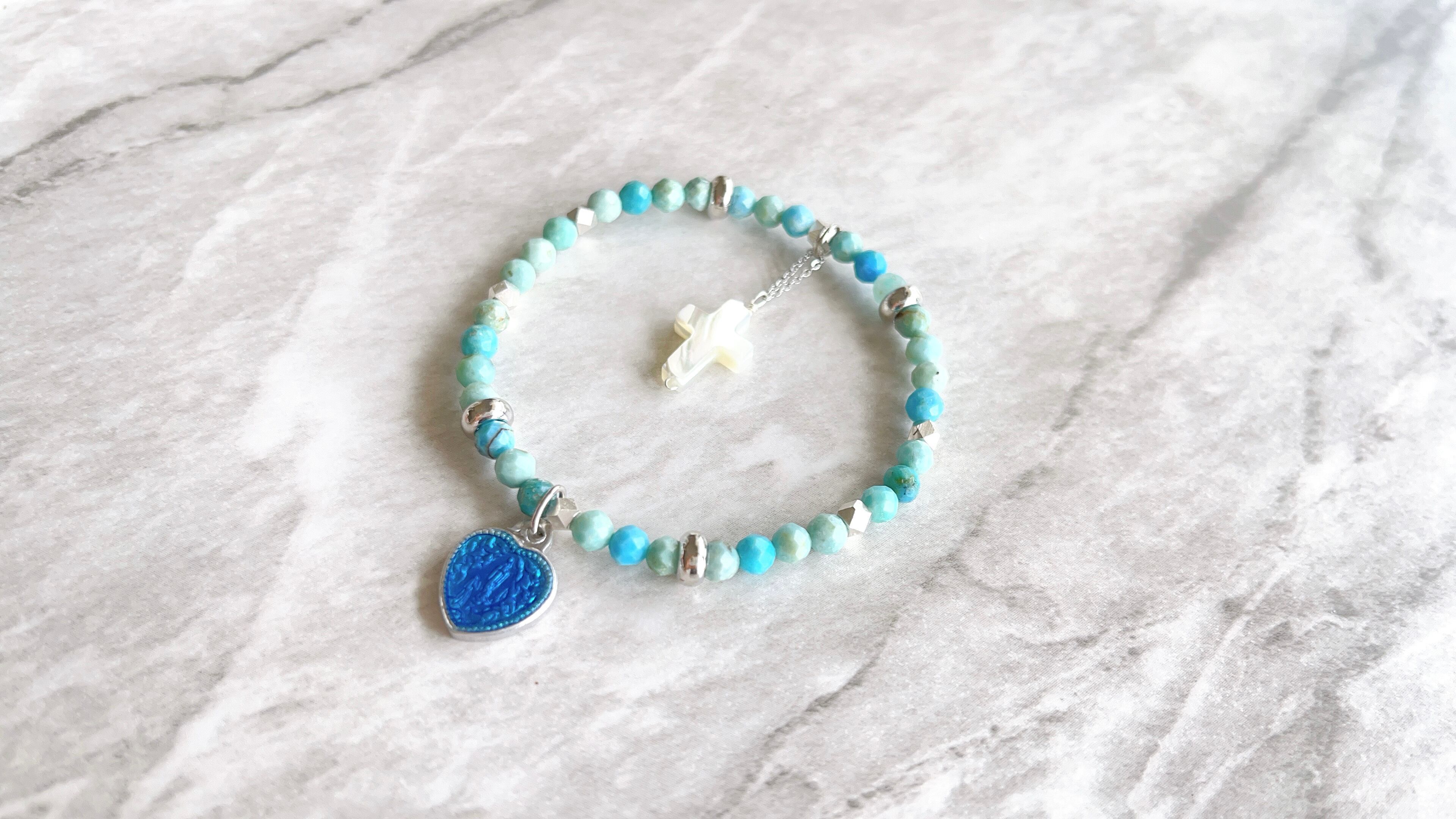 ブルーオパール2way✧二連ブレスレット・バッグチャーム✧ハートメダイ