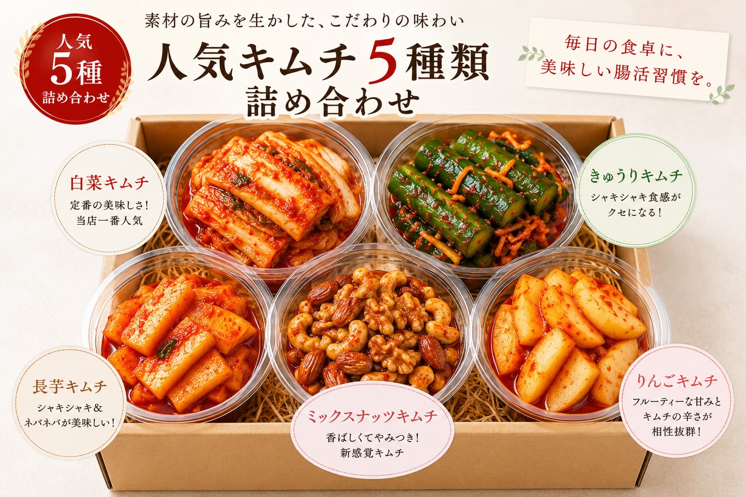 毎月届く、人気キムチ5種お任せ定期便 | わじまフーズ