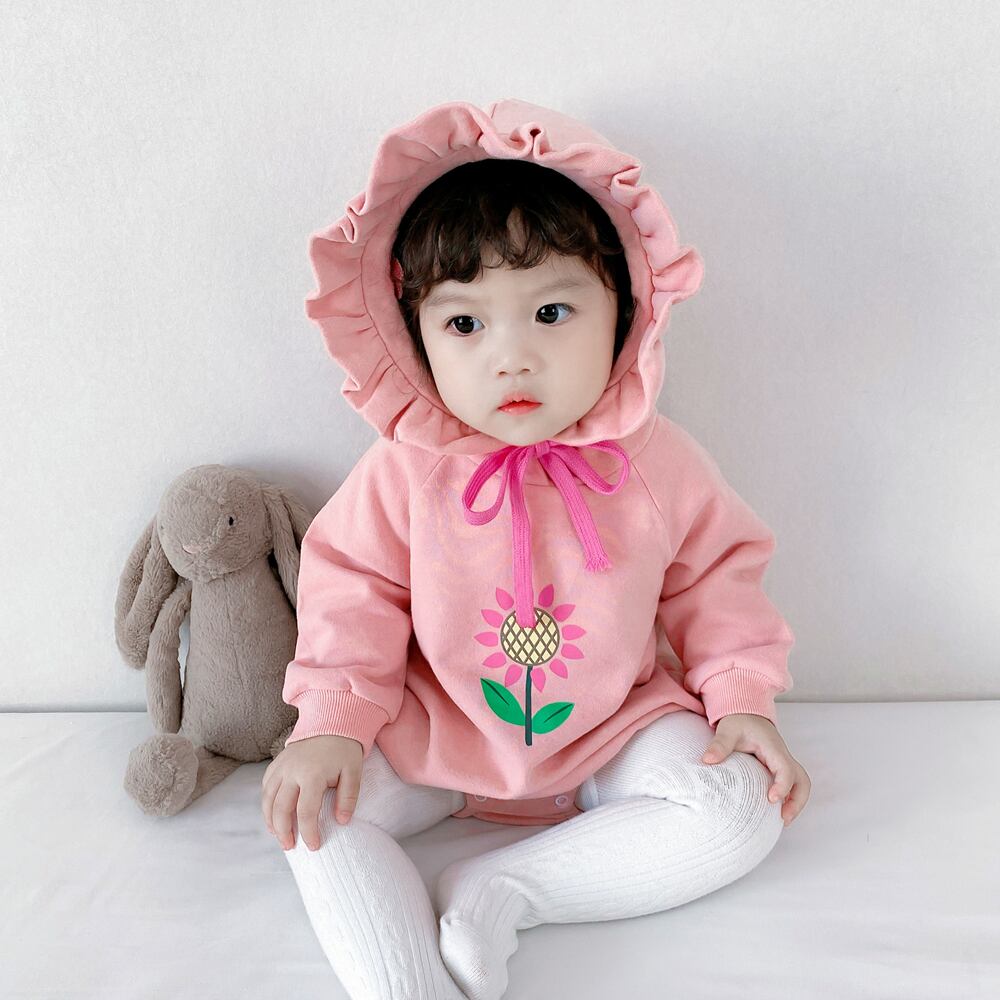 レッドワンピースプリント柄フードロンパース オールインワン スプリングオータム レース 大人ガーリー スウィート キュート カジュアル 春物 秋物 レースアップ フラワーデザイン 超面白いベビーショップ59427136950