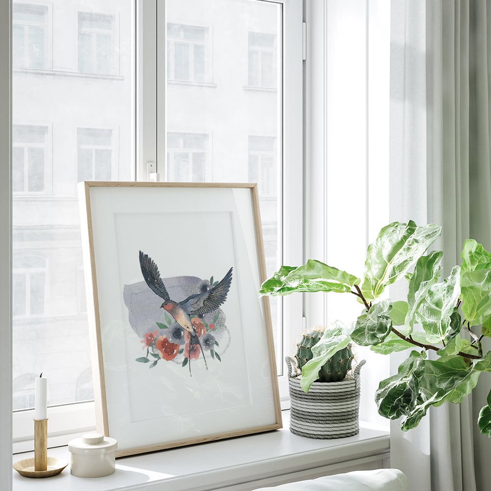 ツバメのポスター / i1343 / 花や音符の水彩画の背景につばめが飛ぶ