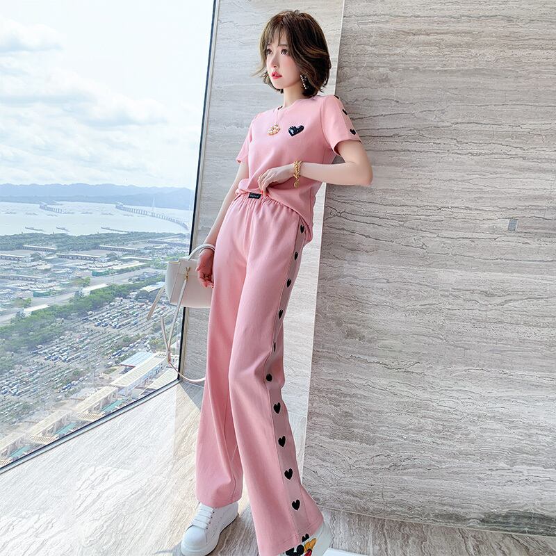 カジュアルラウンドネックTシャツ ジャカードハイウェストウェストパンツ スプリングサマー 春物 夏物 Oネック MIUCO85380933897