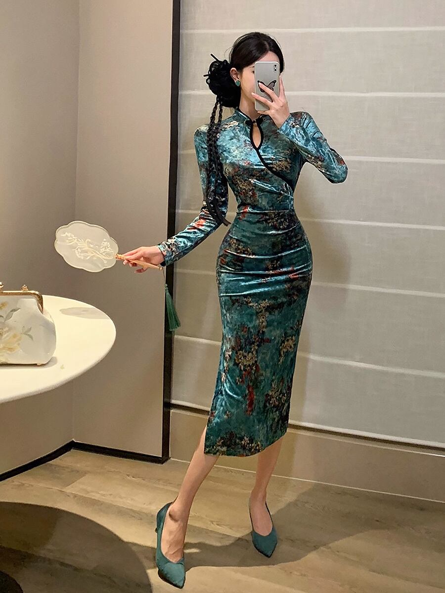 ロング ワンピースドレス ベルベット 首元フリル 長袖 レトロ ベロアレトロ花柄チャイナドレス ベルベット ベロア 花柄