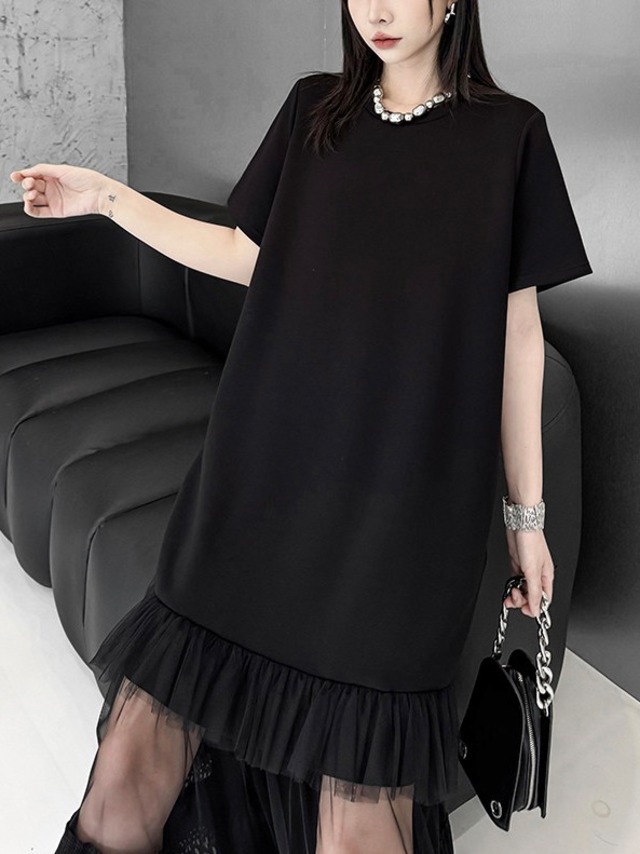Tiered tulle hem T-shirt midi dress [T2823]