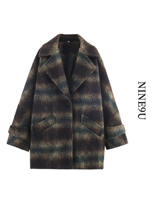plaid long wool chester-coat【NINE9729】