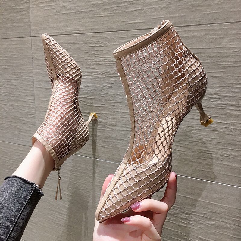 シックヒールネットブーツ女性2020夏の新しいブーツファッションワイルドネットレッドインスファインヒールカジュアル気質ハイヒール フェイクシューズ19817650655