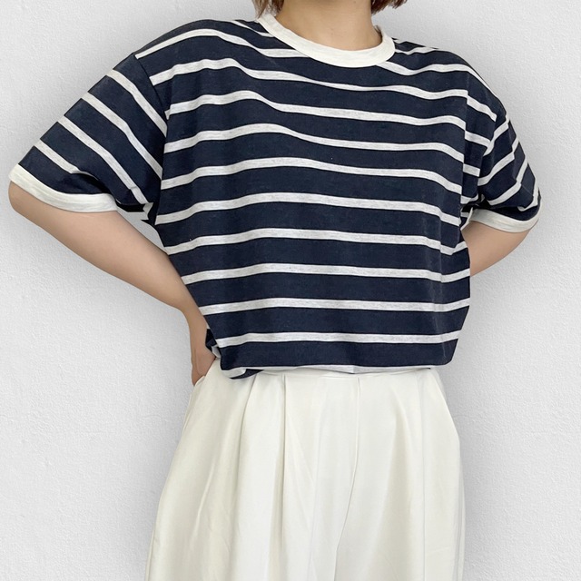 【ユニセックス】オーバーサイズ ボーダーTシャツ｜ネイビー×ホワイト｜画像2