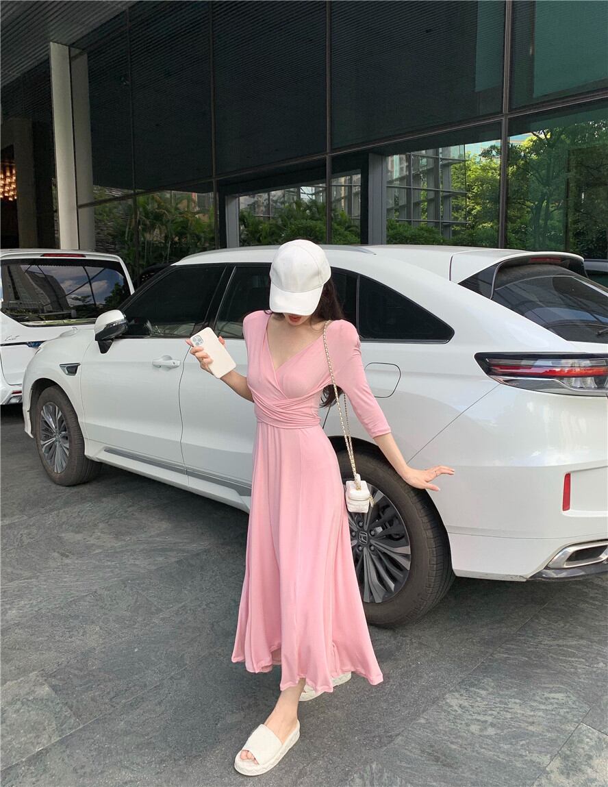 ドレス レディースサマー薄手スカート ウェストスリム エレガント 夏物 ブラックストロベリース75695935148