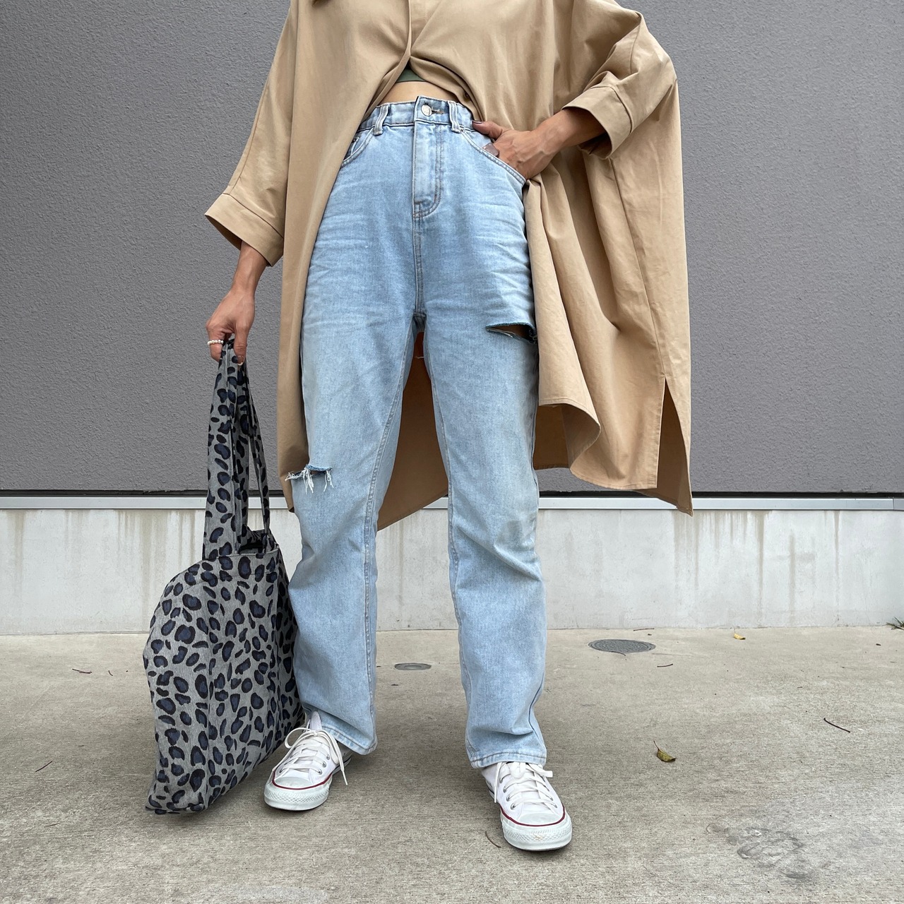 セルフカットハイウエストワイドストレートデニムpt【ウエスト総ゴム】／BLUE