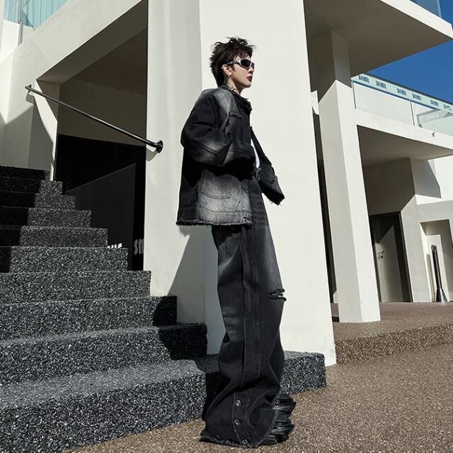 予約販売】メンズ セットアップ メンズ デニム カジュアル ダメージ