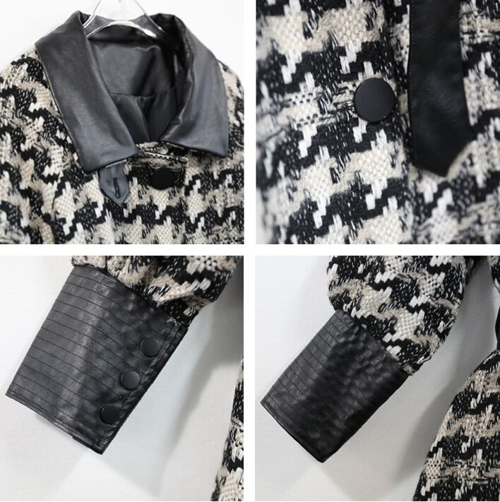 ショート コート レディース 冬 黒 千鳥格子 柄 アウター 上着 長袖 V