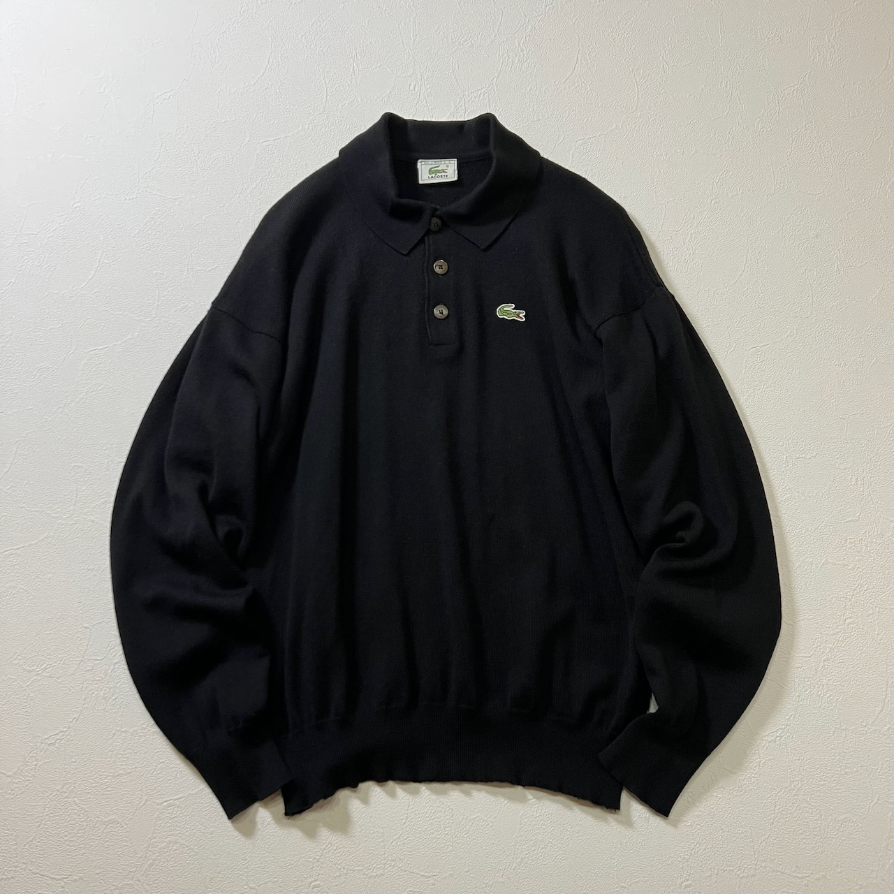 80s France LACOSTE ウール ワンポイントロゴ フレラコ ニット ポロシャツ ラコステ ブラック 4 古着