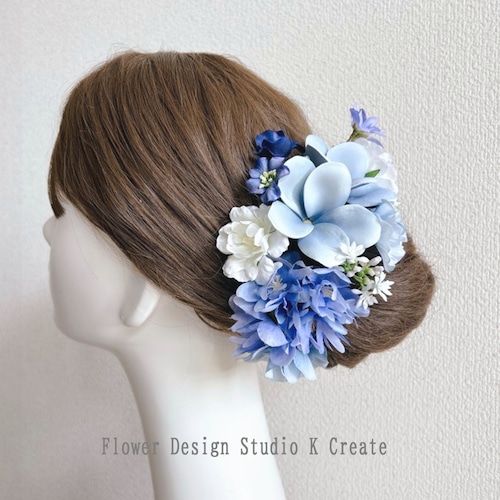 水色のプルメリアとスイートピーのヘッドドレス　リゾ婚　髪飾り　結婚式　ウェディング　前撮り　海外挙式　プルメリア　ブライダル　ハワイ挙式　沖縄挙式　グアム挙式